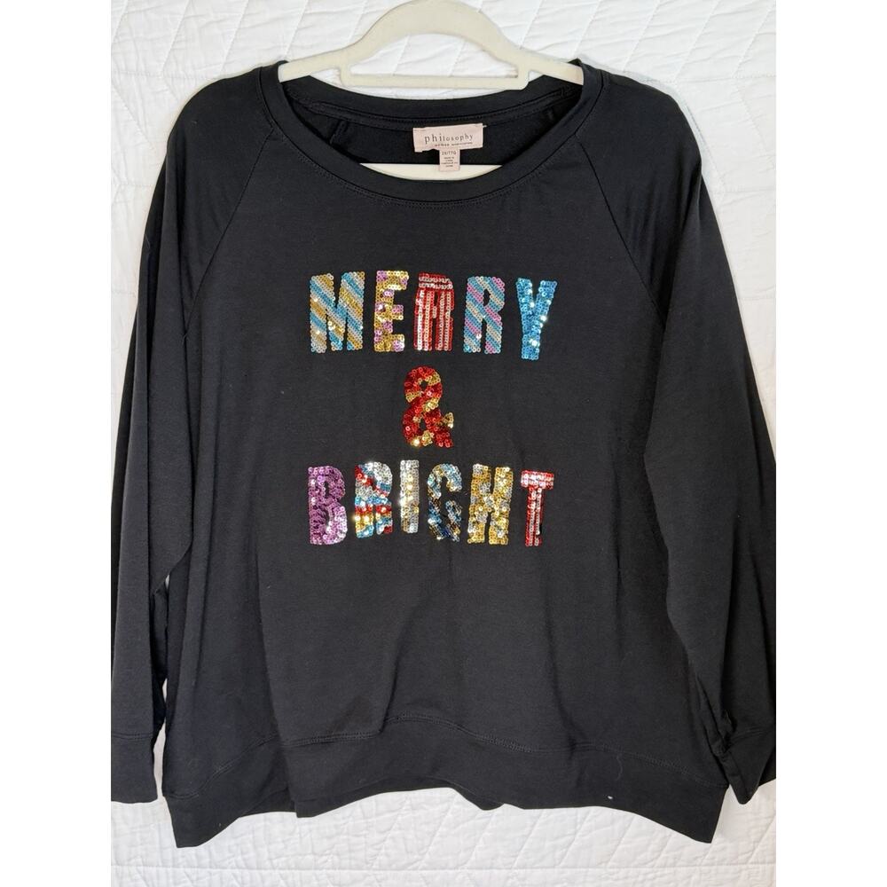 Philosophy Sweatshirt Womens 2X Plus Black Merry Bright Christmas Sequin Soft